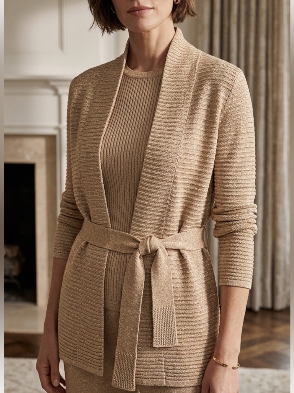 EUC St. John luxury tan w/gold flecks knitted belted swater set size P